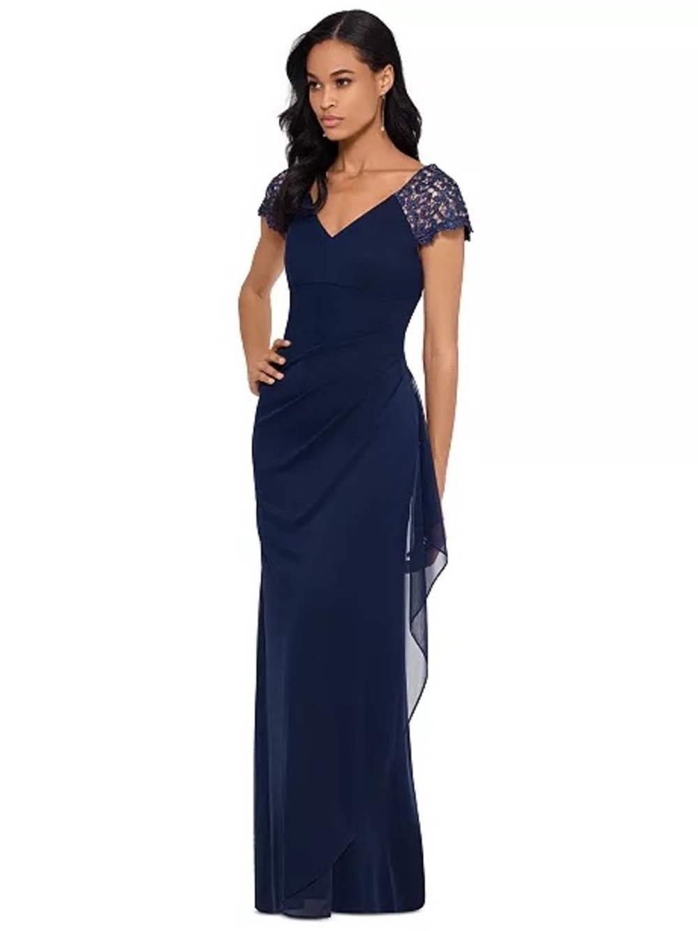 NWT X by Xscape Navy Satin Lace Cap Sleeve Formal Gown Dress Size 14
